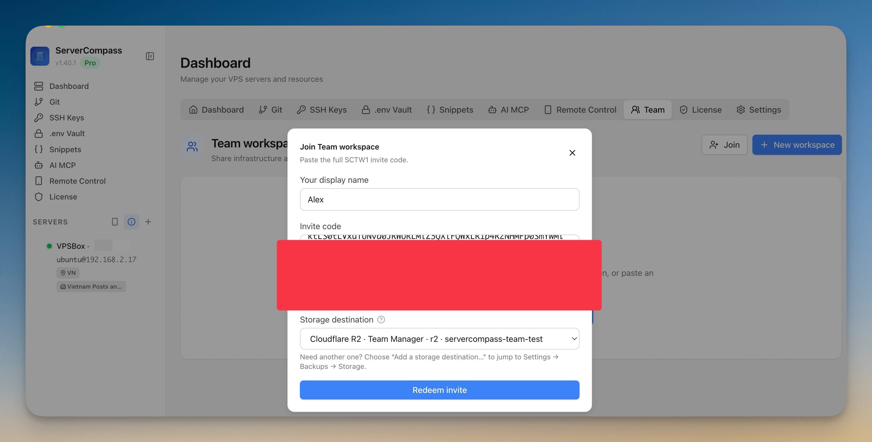 Join Team workspace dialog where a teammate pastes the SCTW1 invite code, sets a display name, and picks the shared storage destination