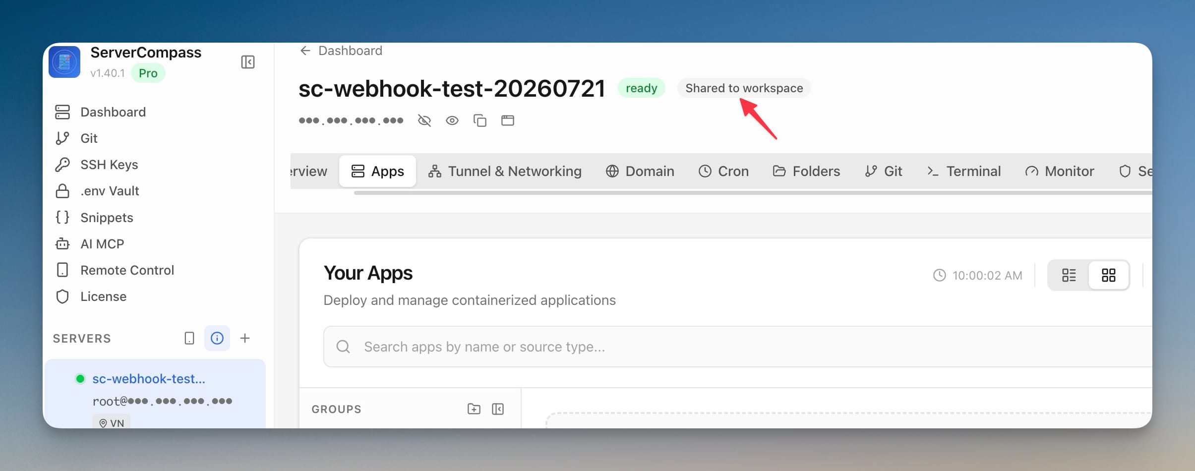 A server header marked with a Shared to workspace badge beside its ready status