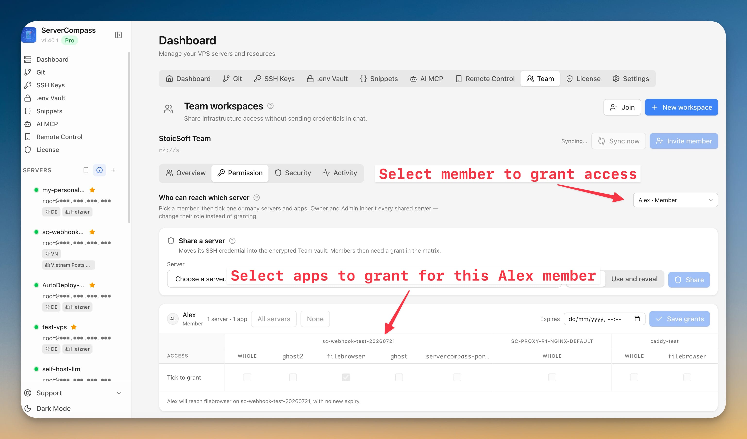 The Permission tab granting a member access to a single Docker app on one server through the tick-to-grant matrix
