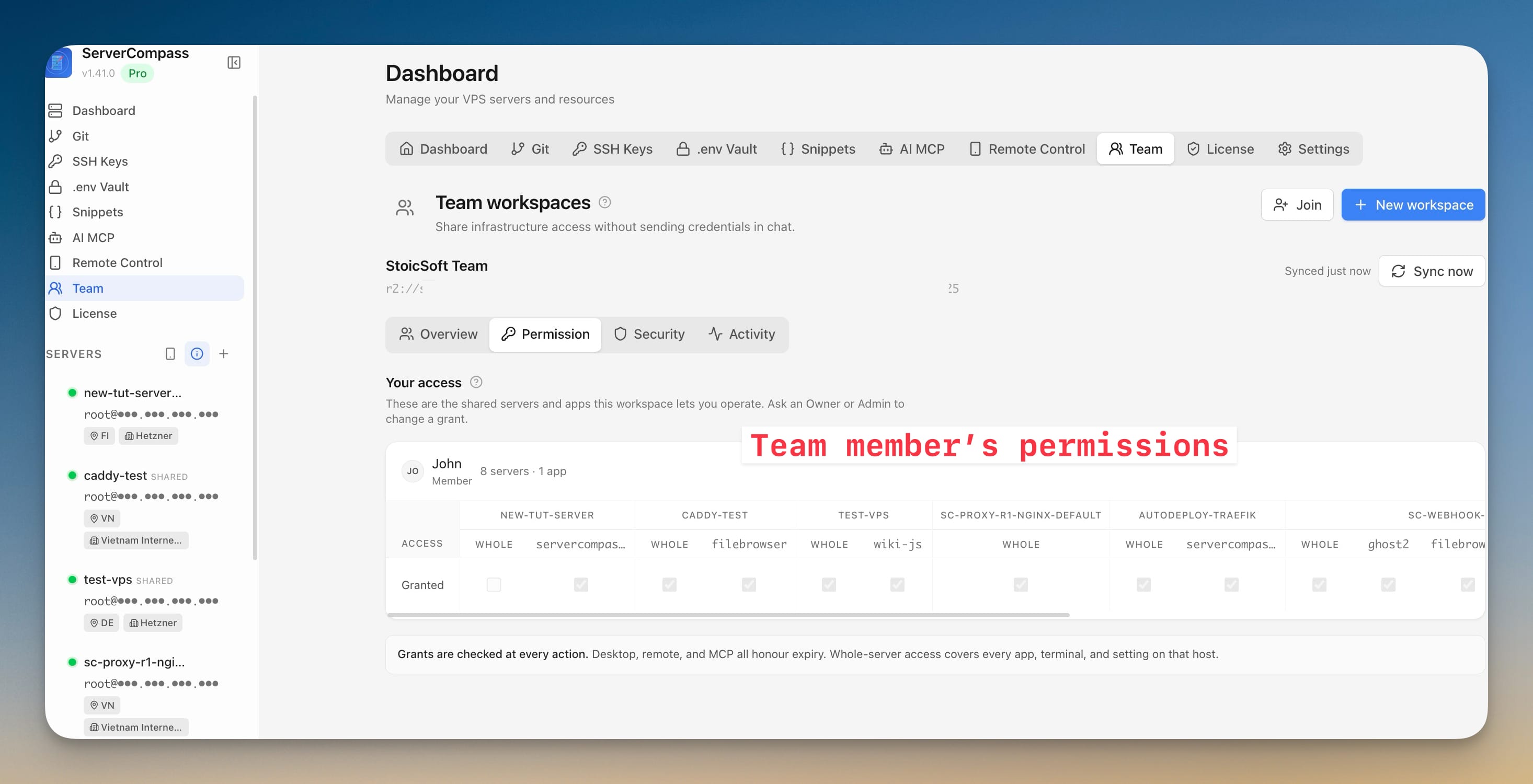 A member's Your access view listing every shared server and app they can reach, noting that grants are checked at every action