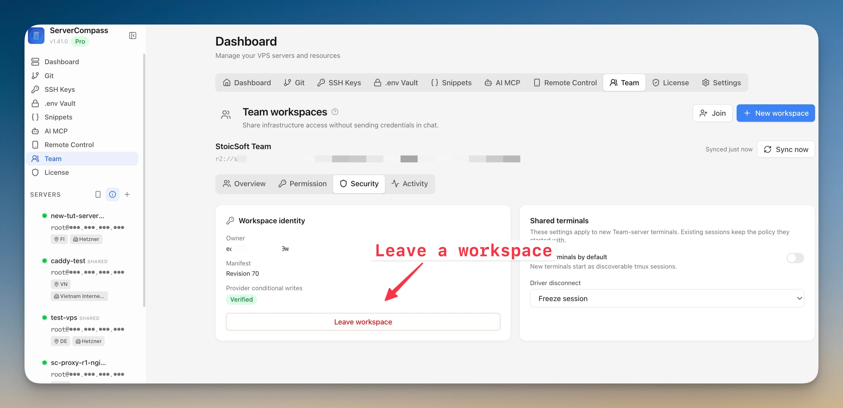 The Security tab showing workspace identity, verified provider conditional writes, Leave workspace, and the shared-terminal defaults