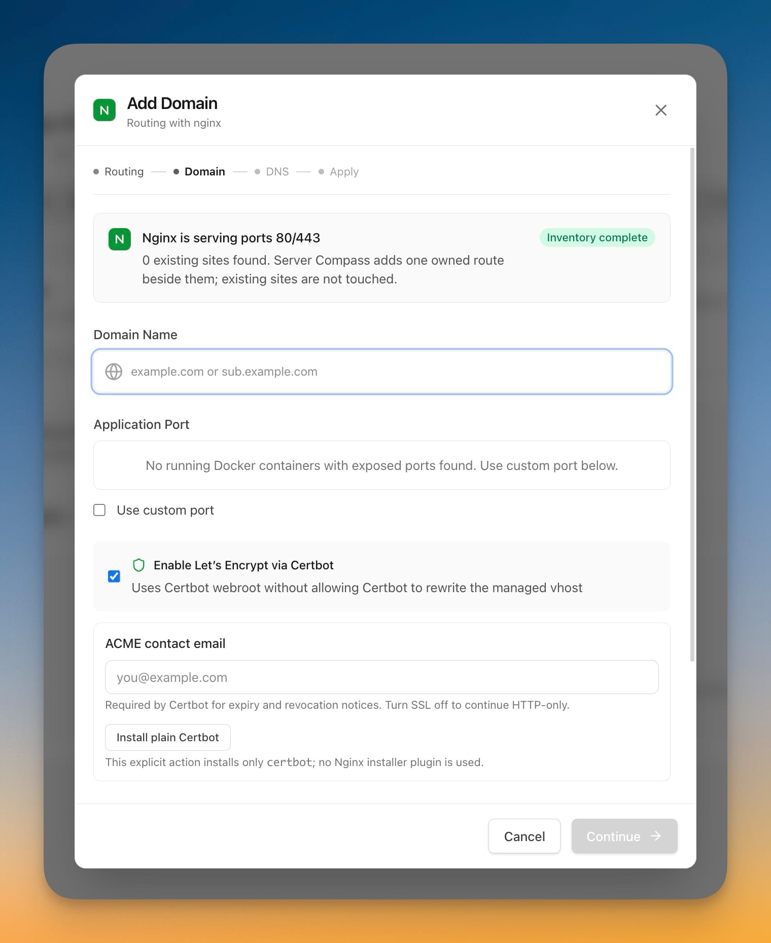 Add Domain modal on a server running Nginx, showing "Nginx is serving ports 80/443", an Inventory complete badge, and the Let's Encrypt via Certbot option