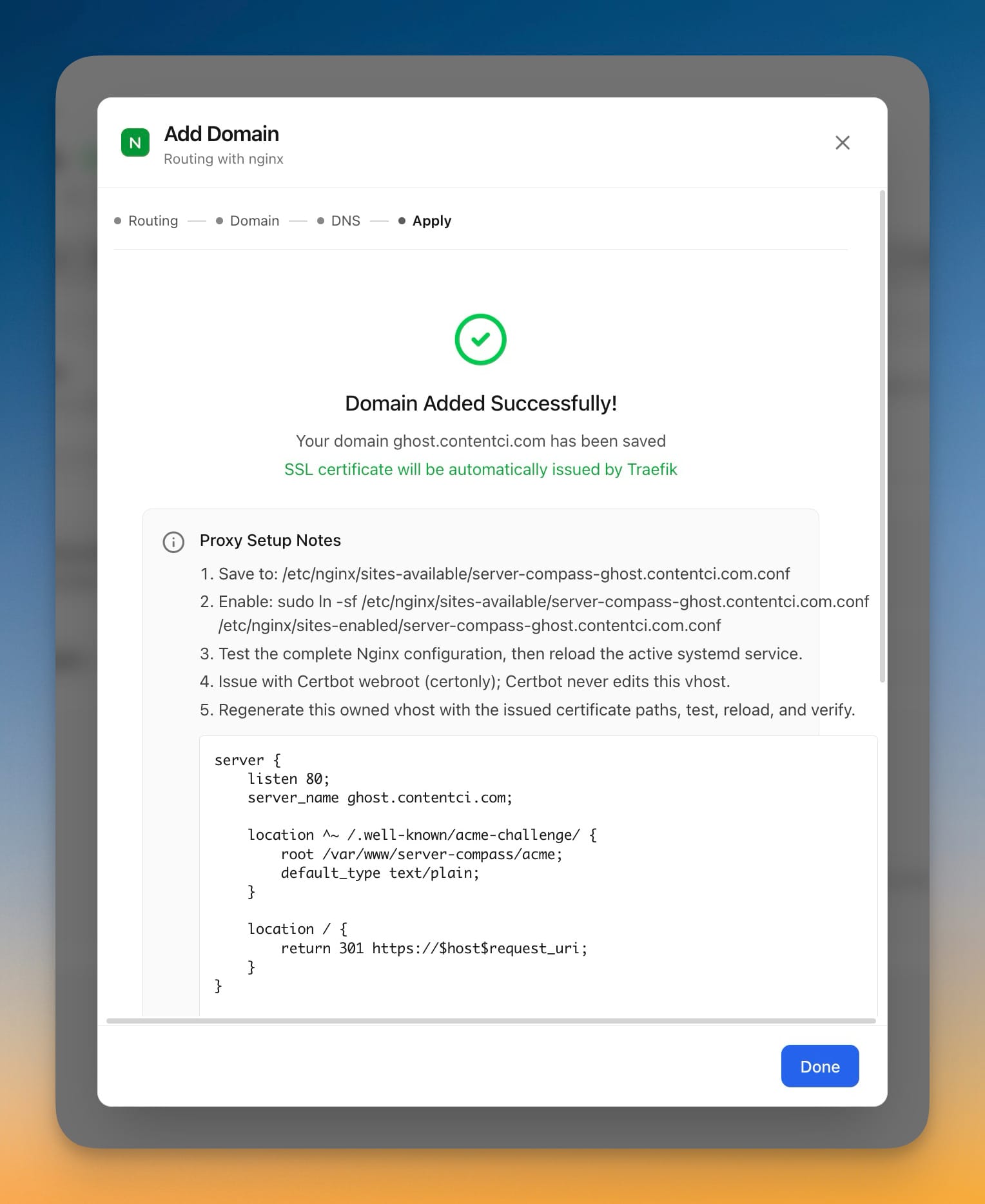 Domain Added Successfully screen listing the sites-available path, the enable symlink command, the Certbot webroot step, and the generated Nginx server block