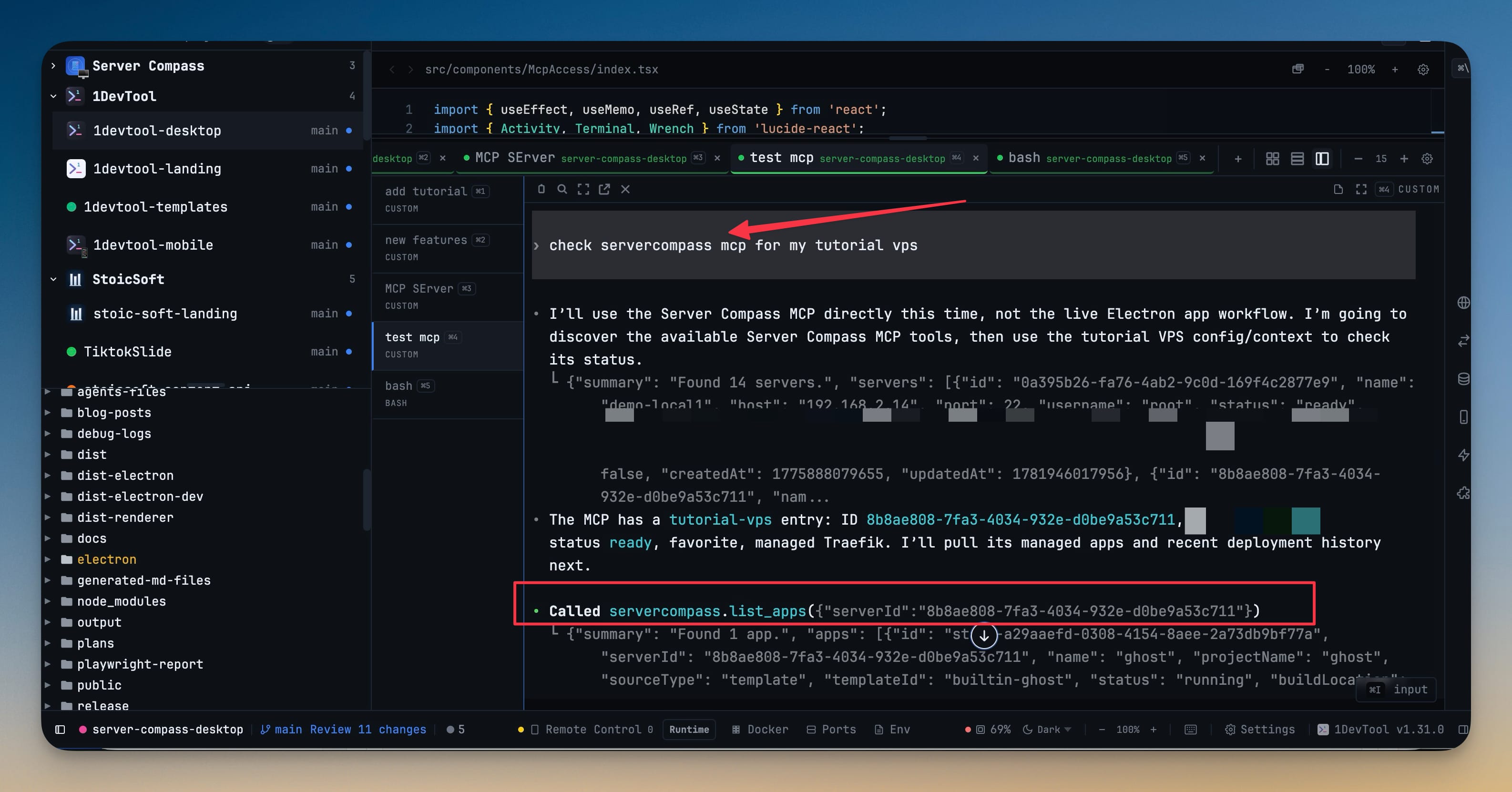 AI agent using Server Compass MCP tools to list servers and apps