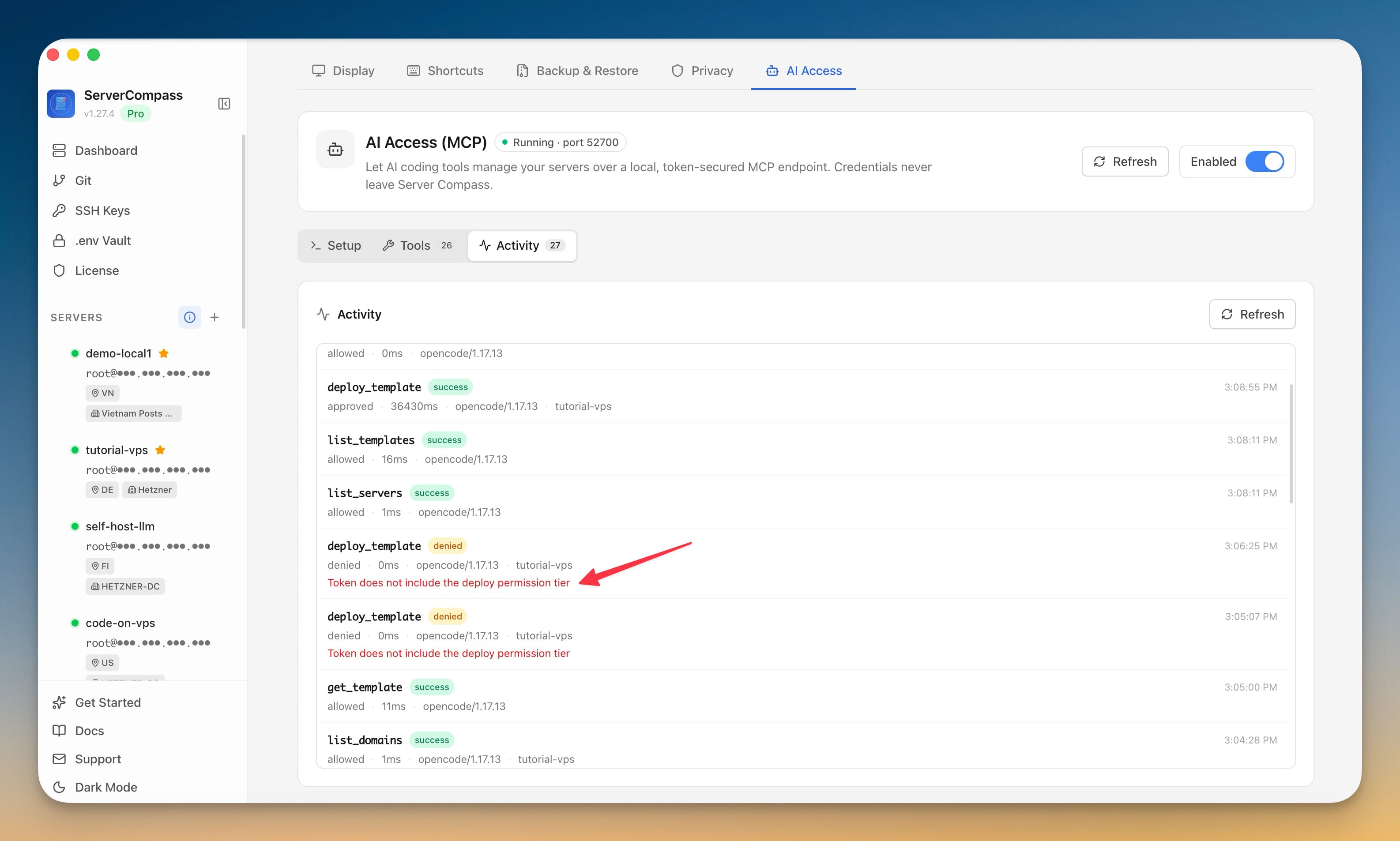 AI Access Activity tab showing allowed and denied MCP calls