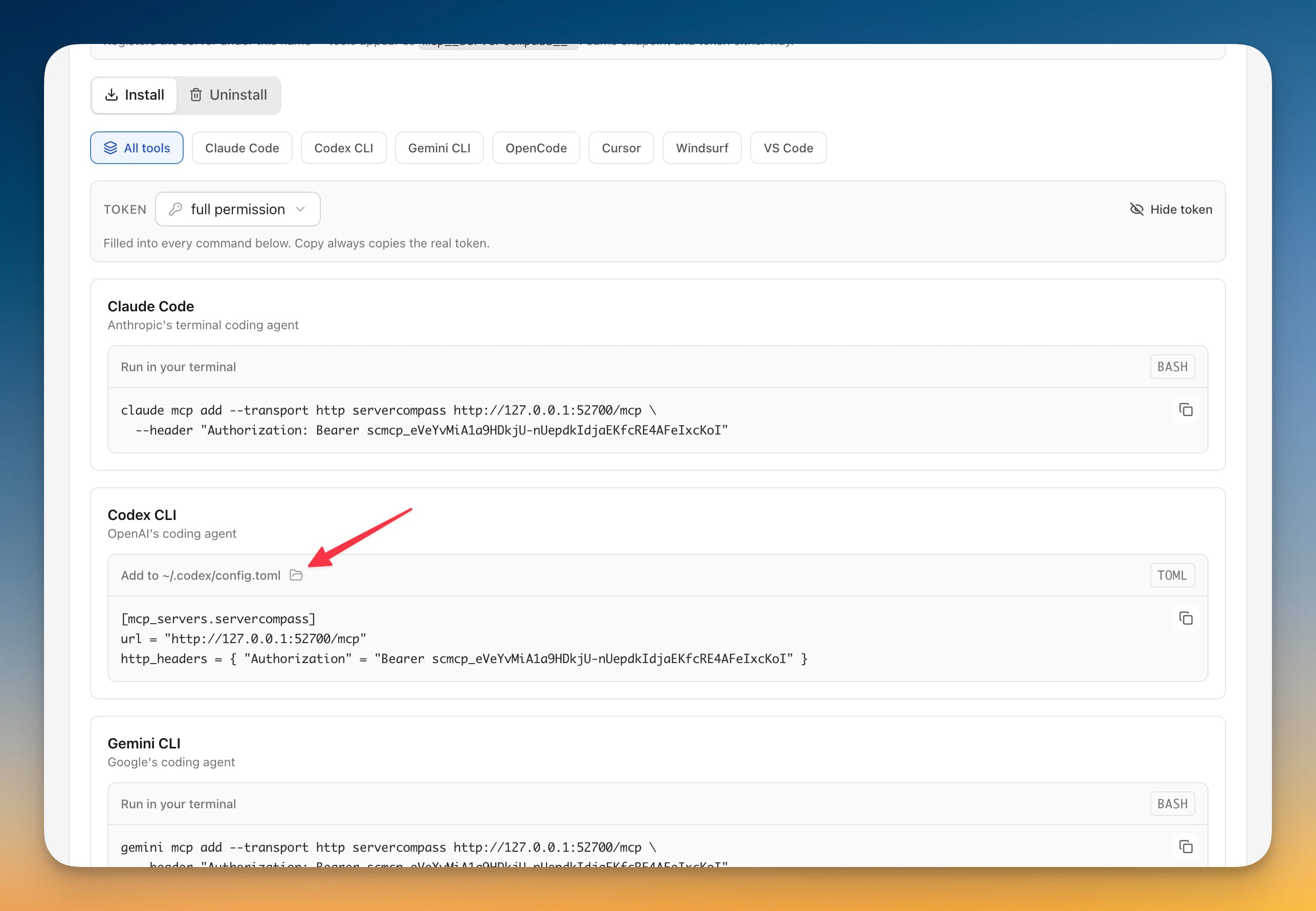 AI Access setup panel with install snippets for coding tools