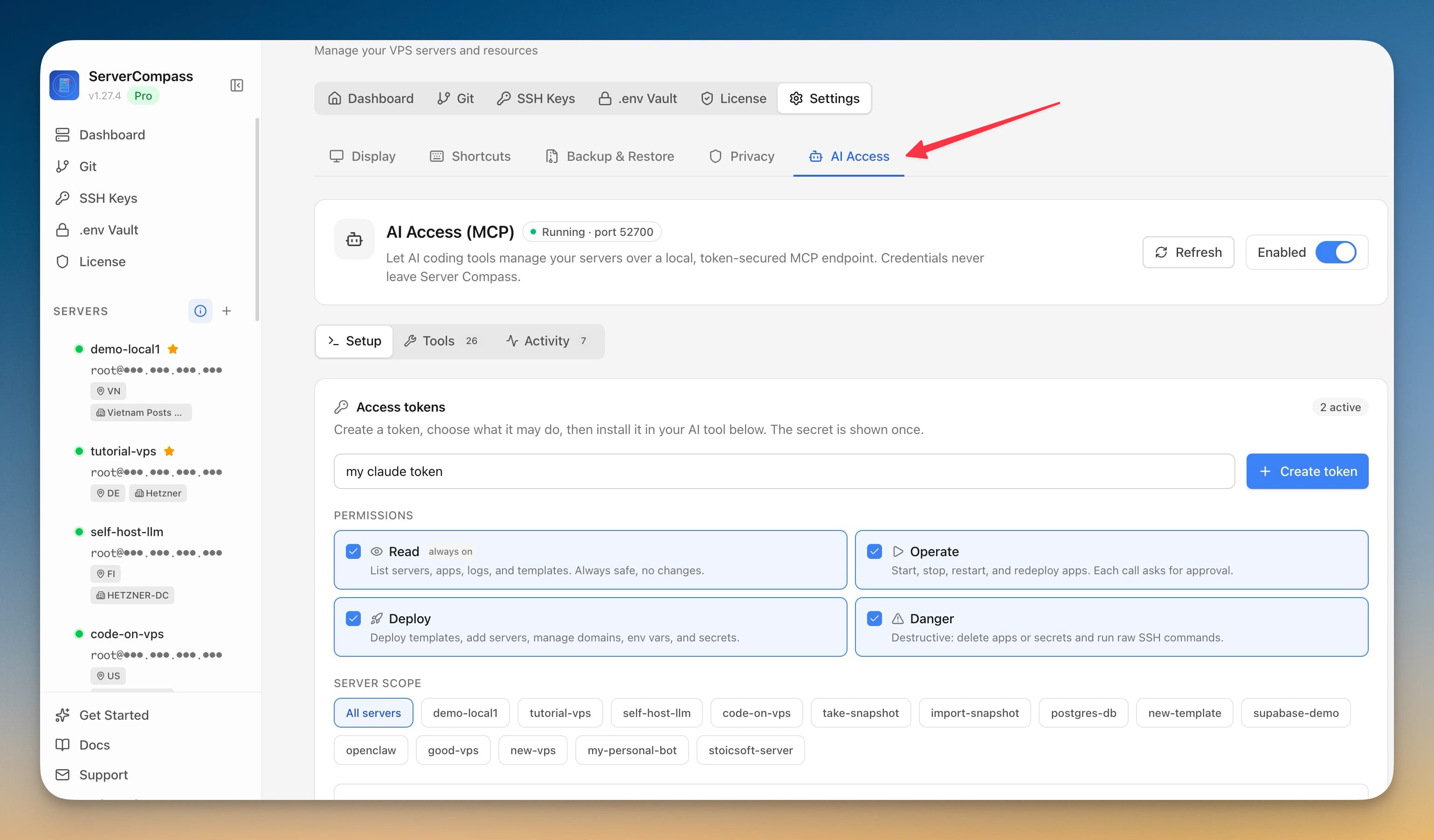 AI Access token setup showing scoped permissions and server selections