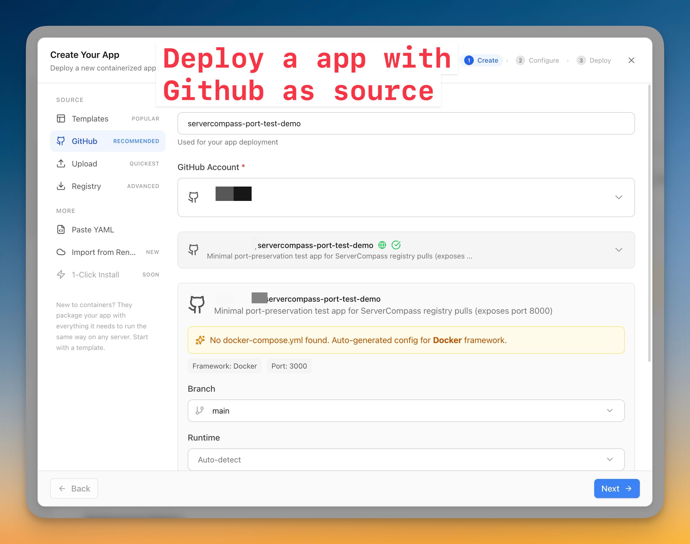Create Your App wizard with GitHub selected as the source, a repository chosen, branch set to main, and an auto-generated Docker config