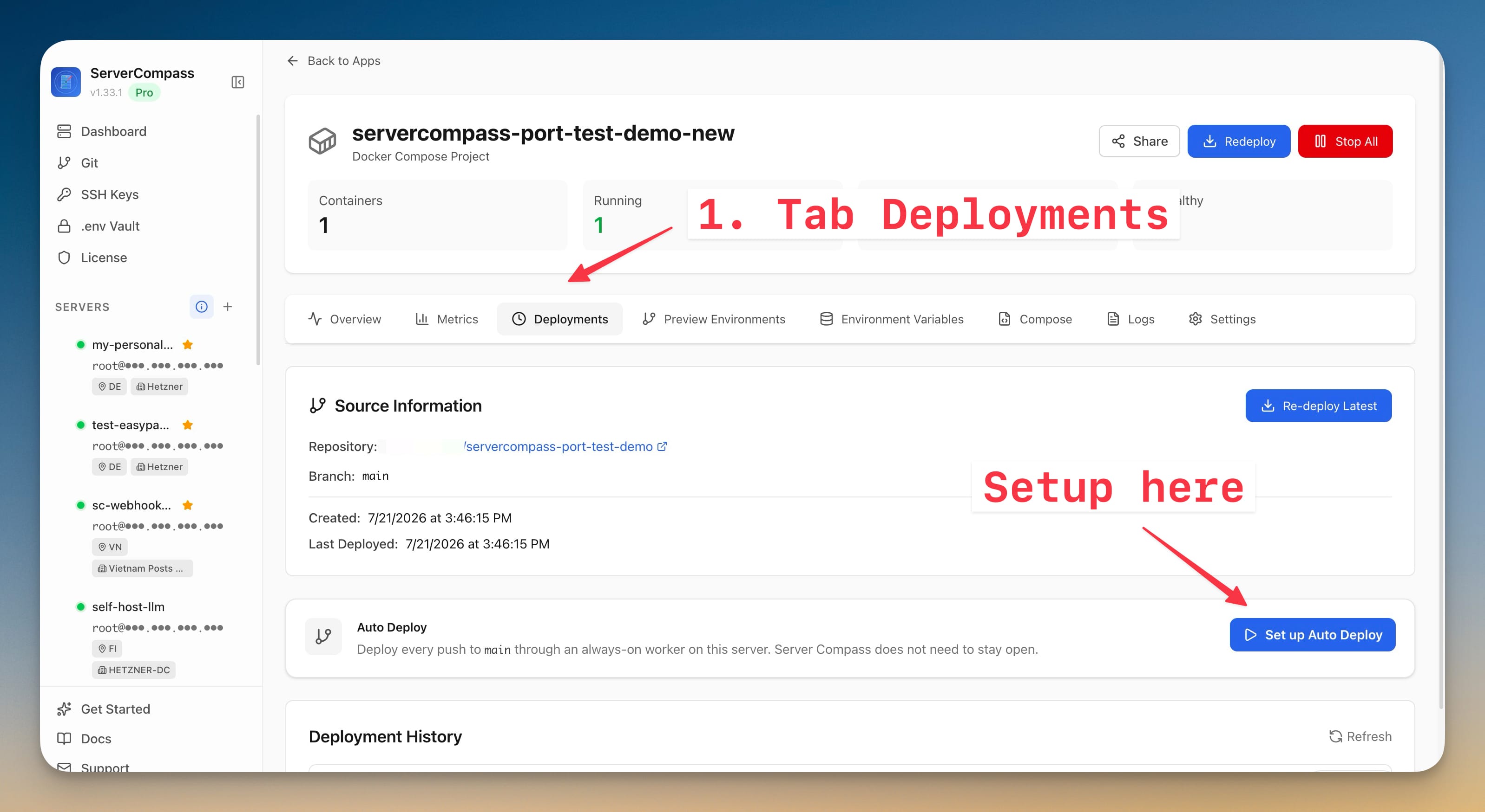 App detail page on the Deployments tab, showing the source repository and the Set up Auto Deploy button
