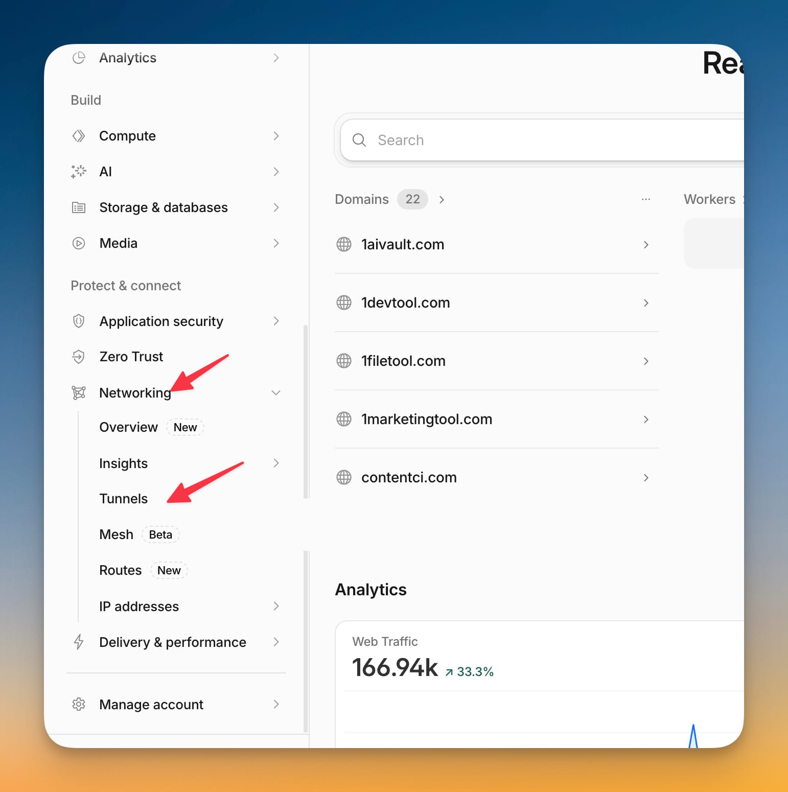 Cloudflare dashboard sidebar with Networking expanded and Tunnels highlighted
