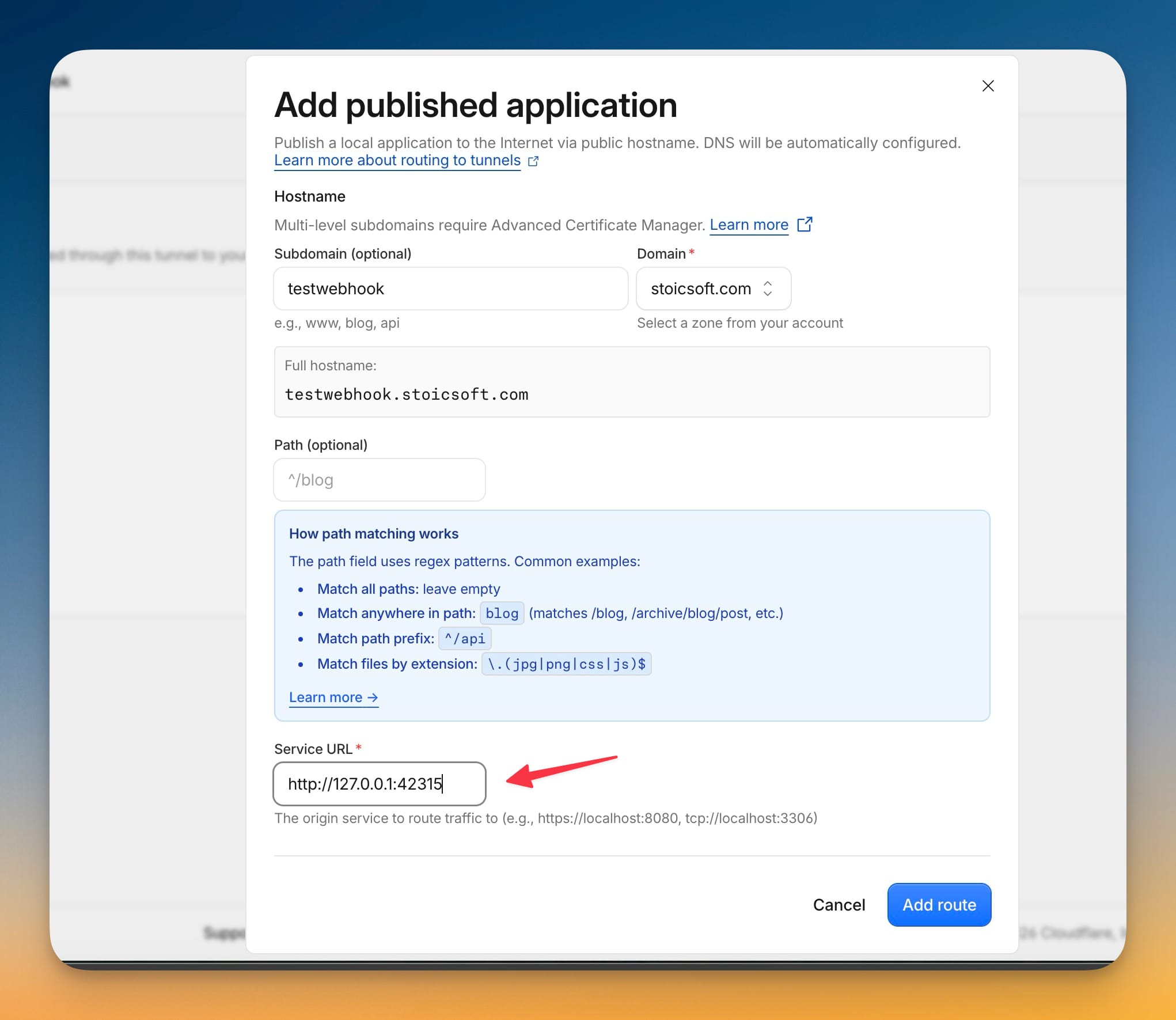 Cloudflare Add published application dialog mapping the testwebhook subdomain to the local gateway service URL