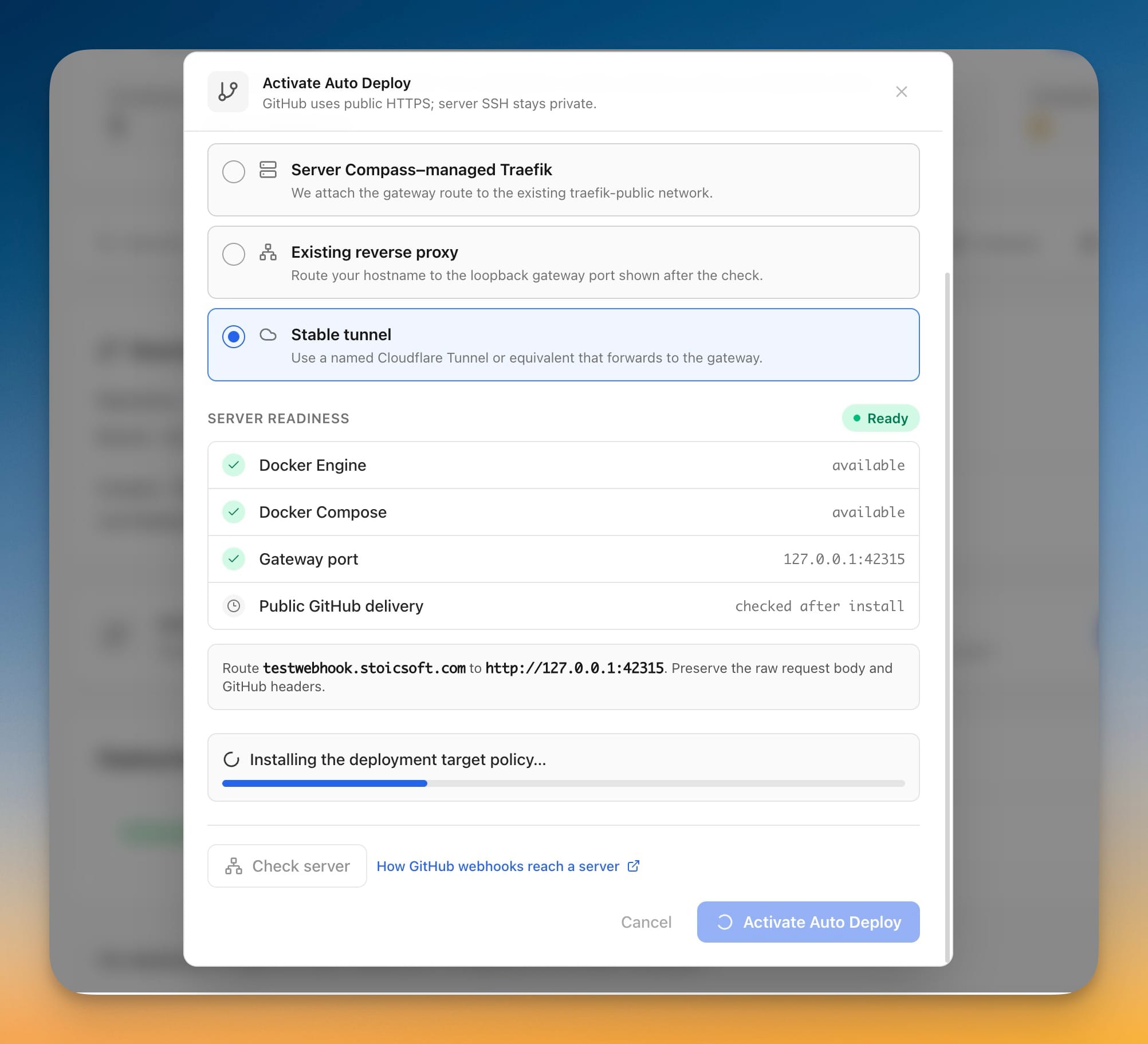 Activate Auto Deploy dialog showing the installing the deployment target policy progress bar