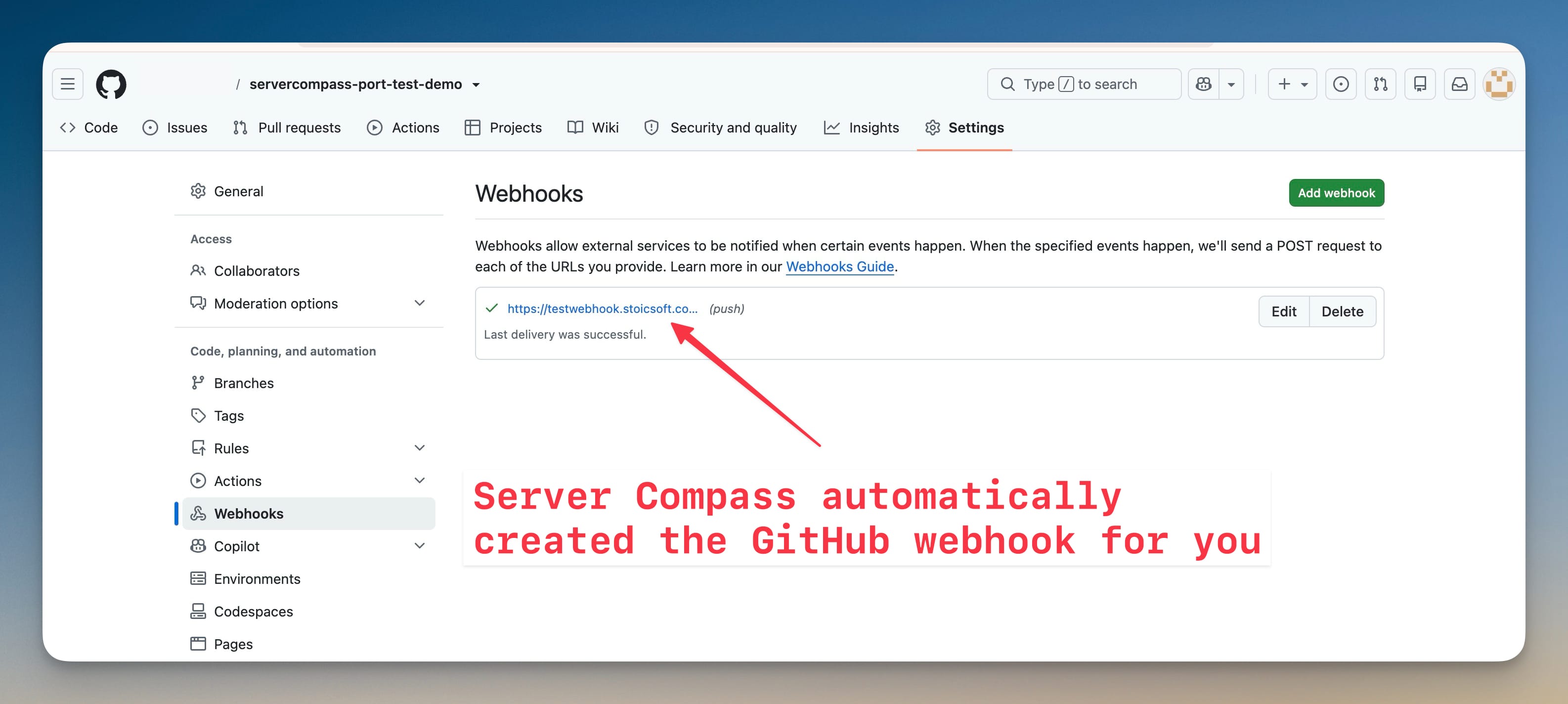 GitHub repository Webhooks settings showing the push webhook Server Compass created, with a successful last delivery