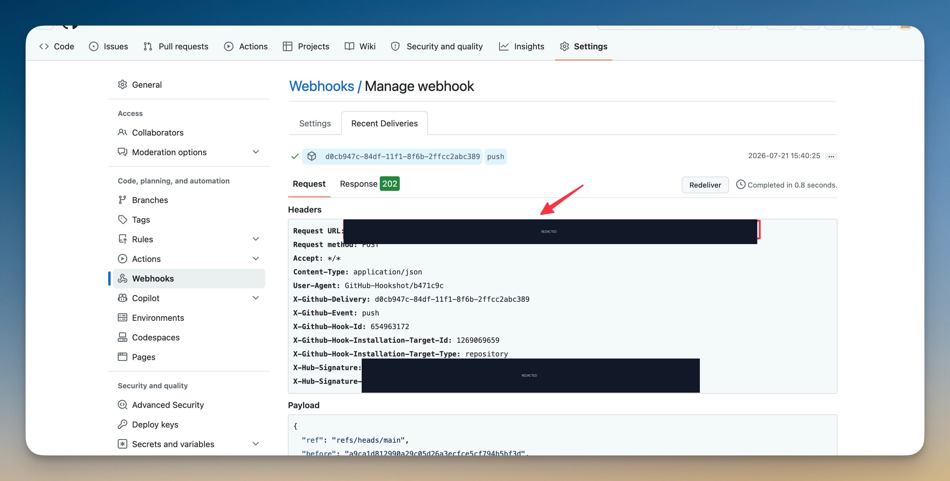 GitHub webhook Recent Deliveries tab showing a push delivery that returned a 202 Accepted response