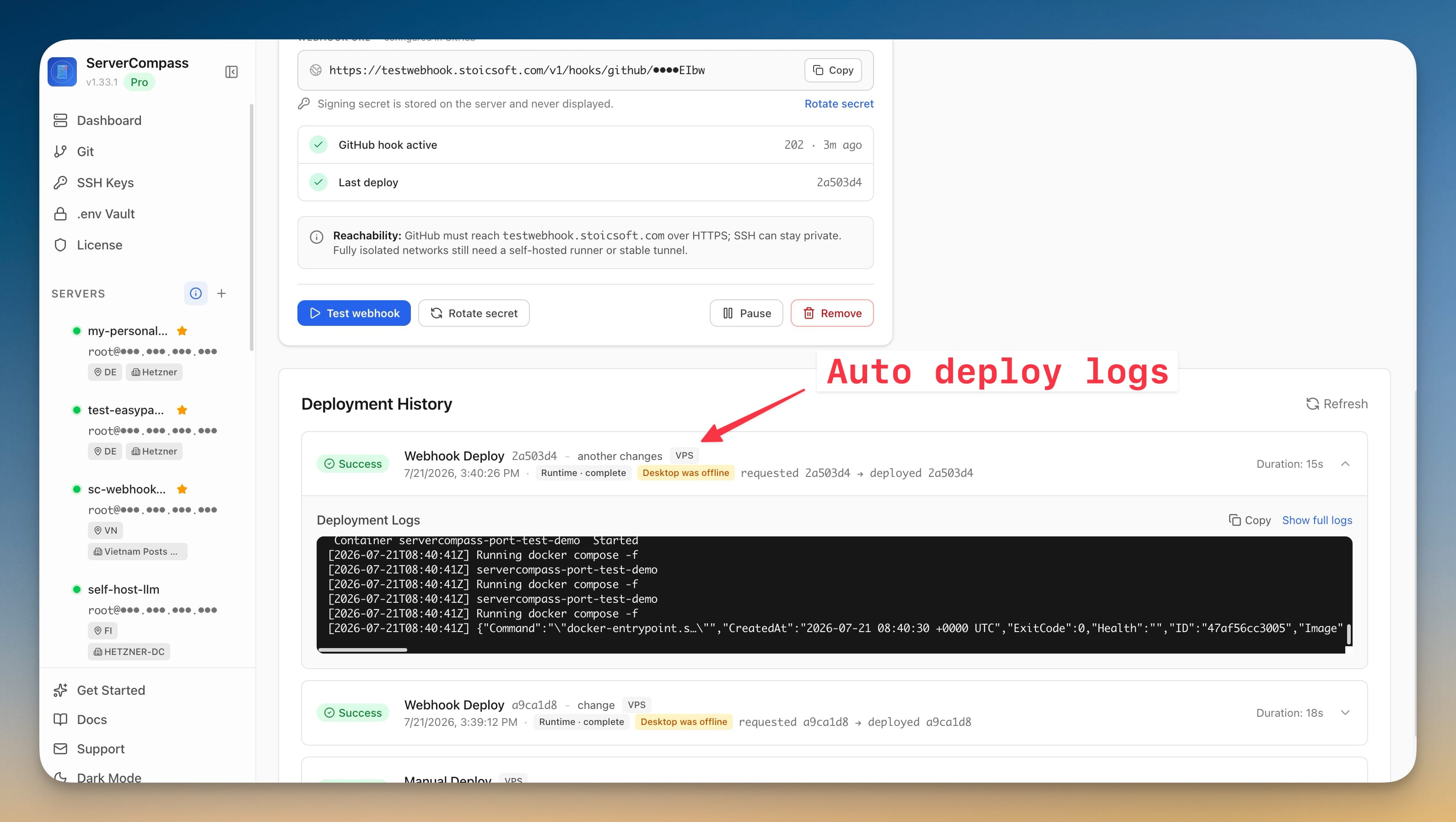 Deployment history showing a successful Webhook Deploy for the pushed commit, tagged Desktop was offline, with live deployment logs