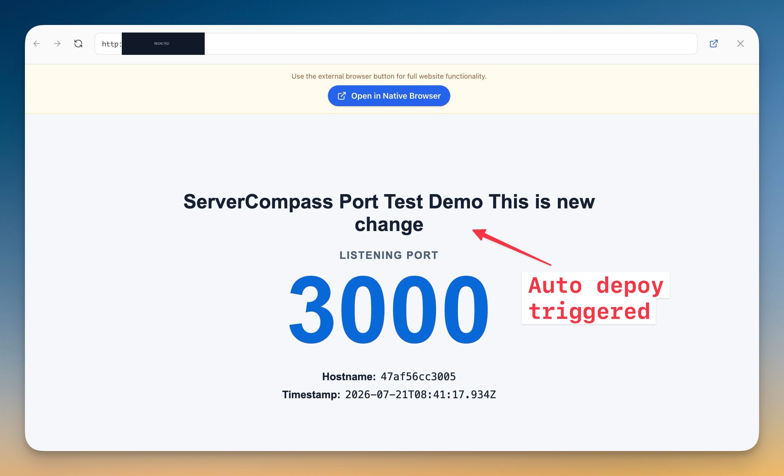 The deployed demo app in a browser showing the updated content, confirming the push triggered an automatic deploy