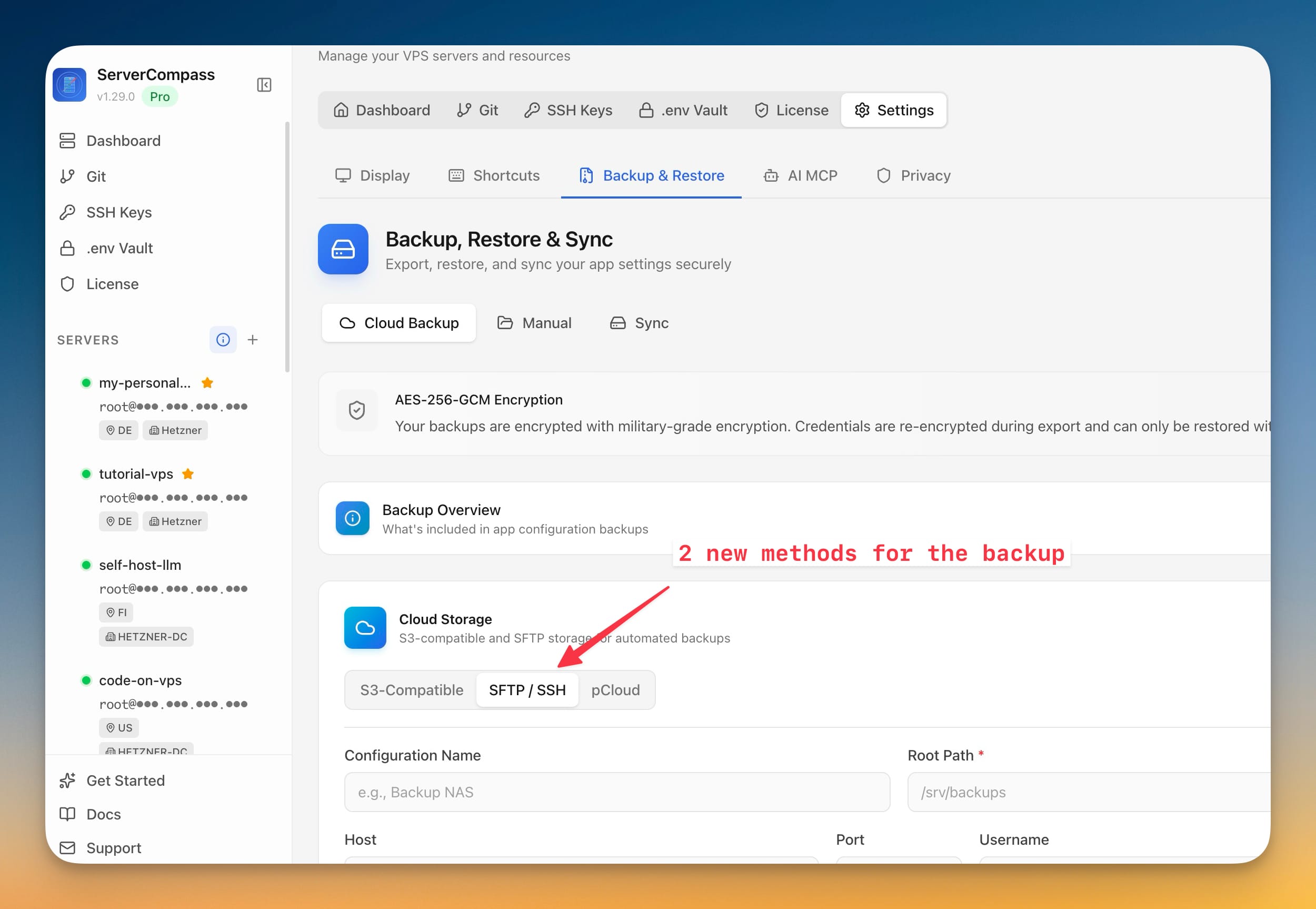 SFTP & pCloud Backup Destinations screenshot in Server Compass