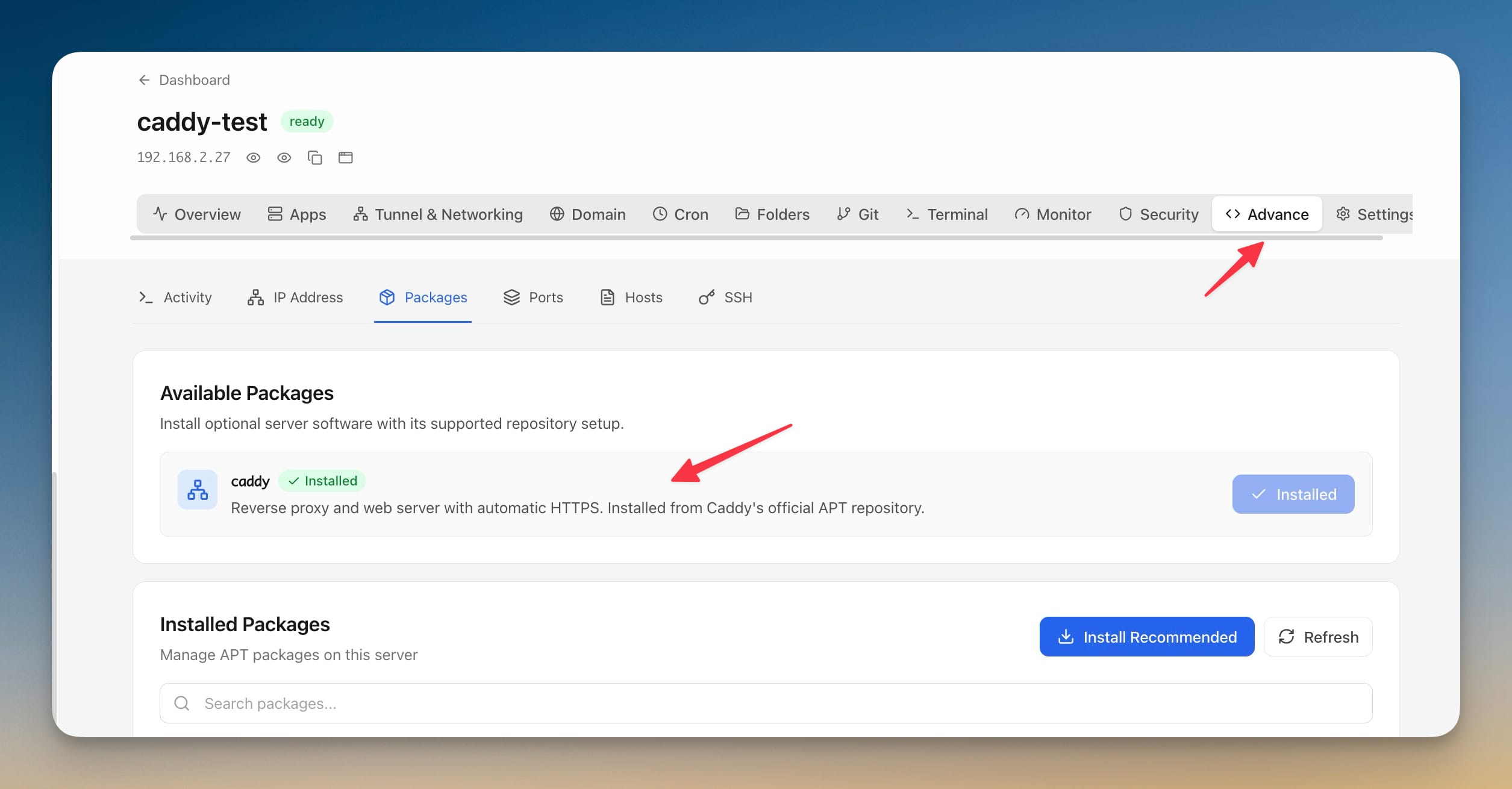 Packages tab showing an Available Packages section with Caddy marked Installed, above the Installed Packages list with Install Recommended and Refresh