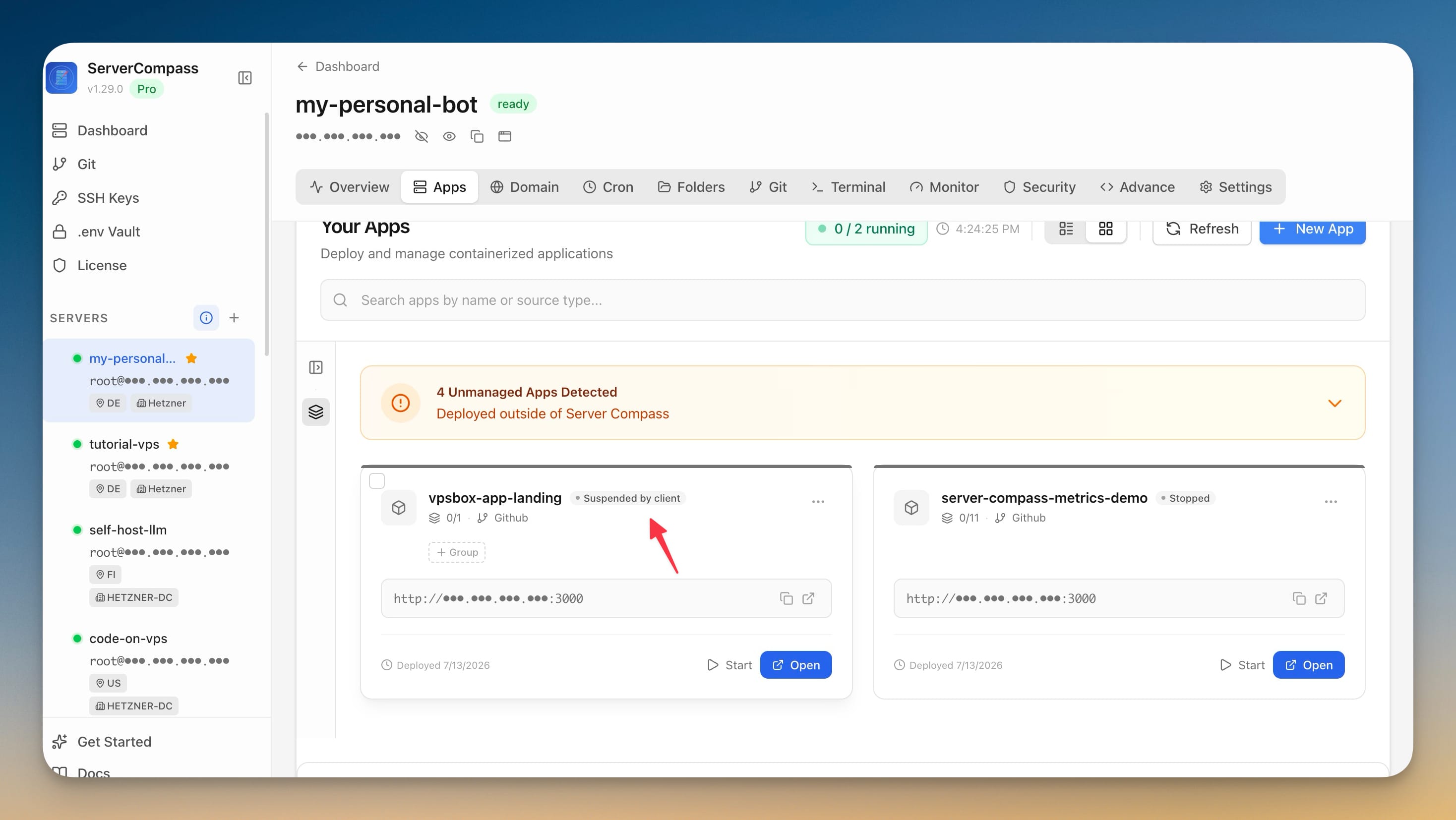 The owner's Server Compass app list showing an app flagged Suspended by client after a client used a portal control