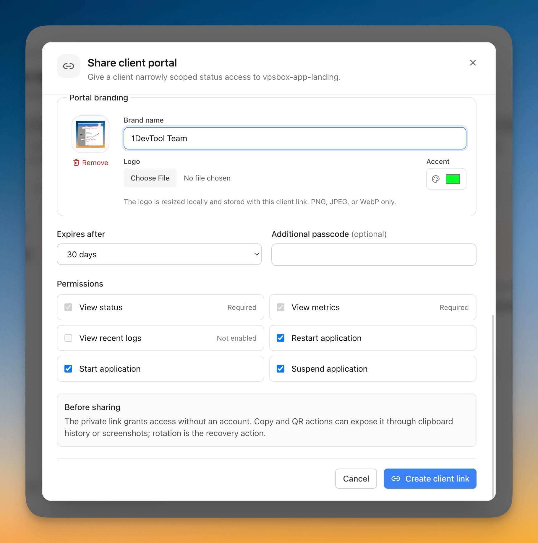 The Share client portal dialog configuring brand name, logo, accent color, a 30-day expiry, an optional passcode, and per-app permission checkboxes