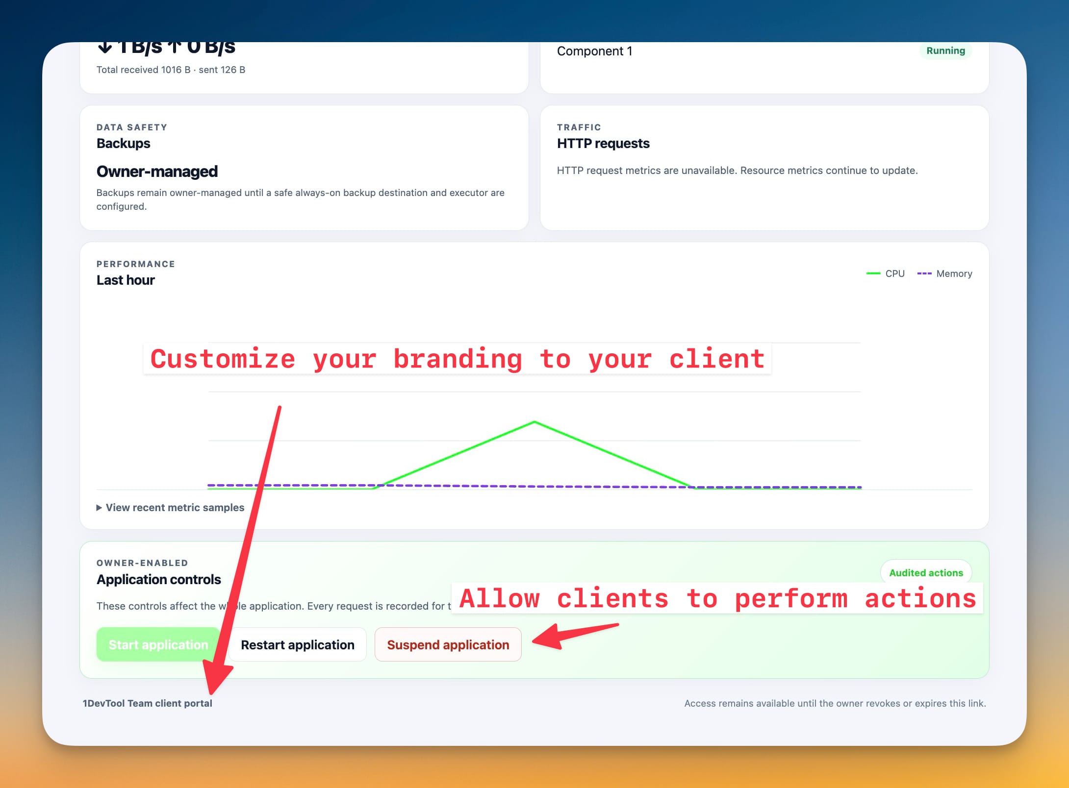 The client status page scrolled to owner-enabled application controls with Start, Restart, and Suspend buttons and an audited-actions badge