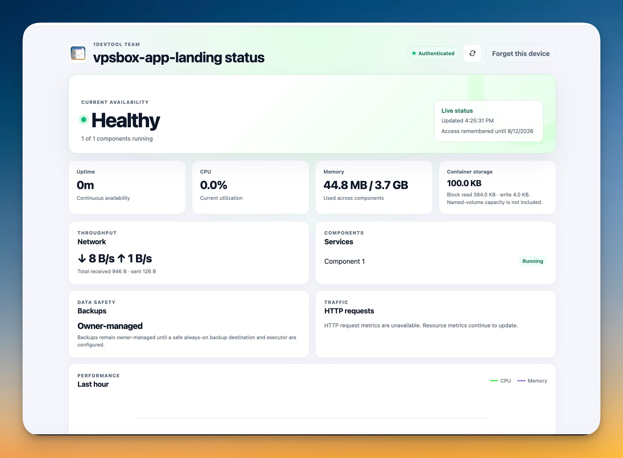 The client-facing status page showing a Healthy app with uptime, CPU, memory, container storage, network throughput, and a last-hour performance chart