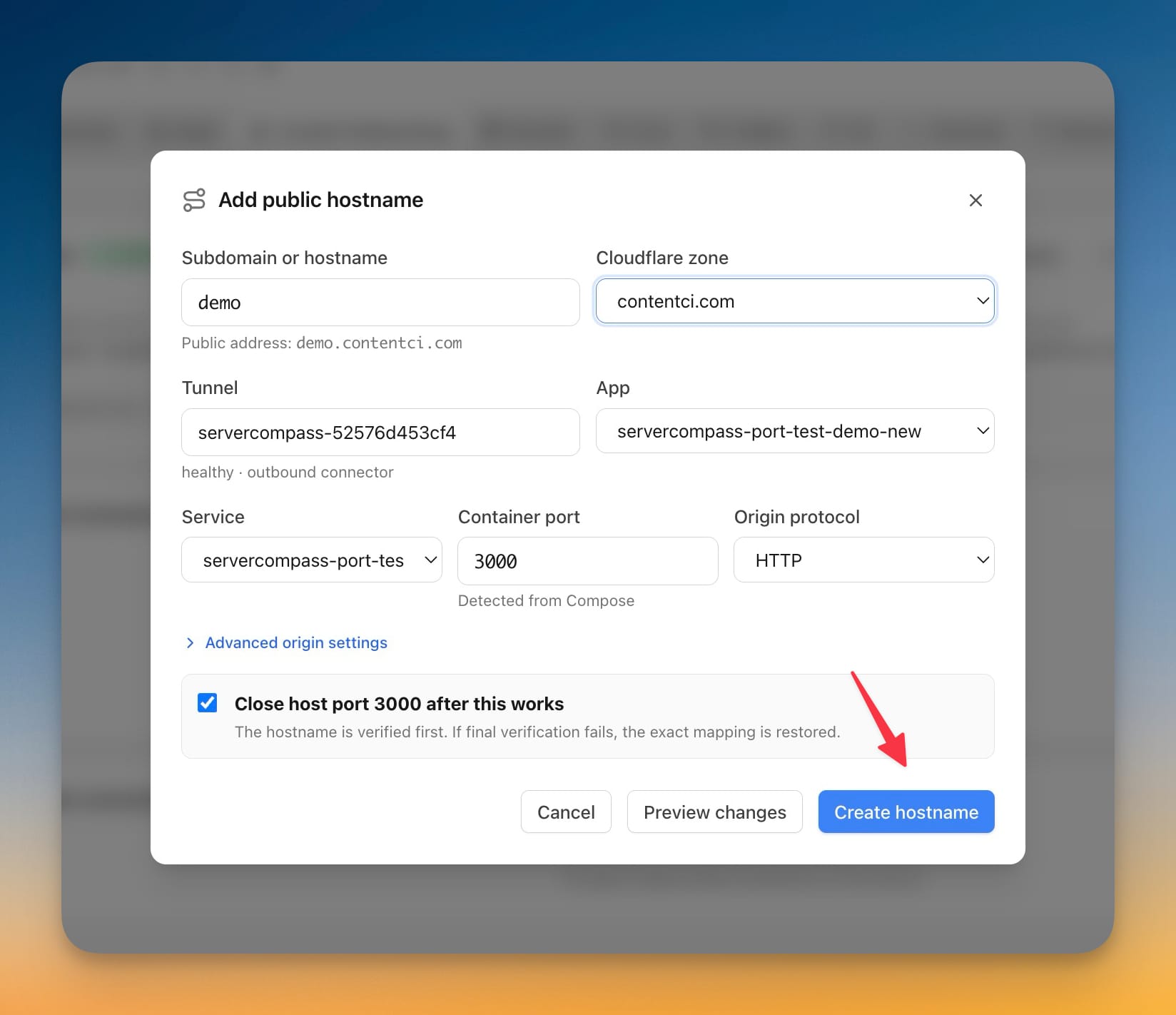 Add public hostname form with fields for subdomain, Cloudflare zone, app, service, container port, and origin protocol