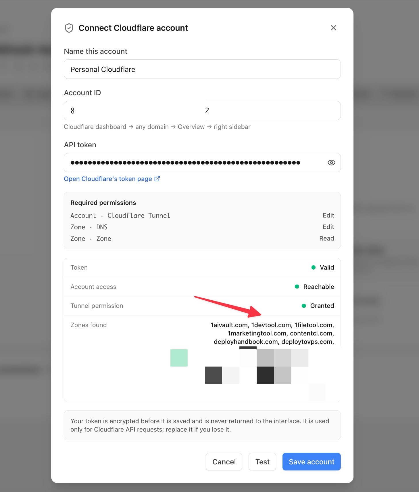 Connect Cloudflare account modal with Account ID and API token fields, the required-permissions list, and a Test button