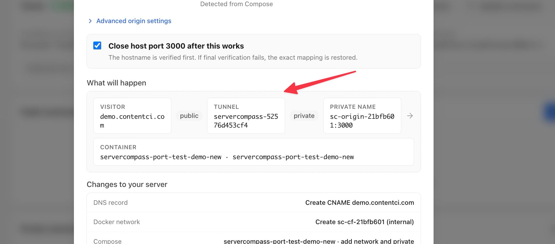 Preview showing the visitor-to-container traffic path and an itemized list of the DNS, Docker network, and Compose changes