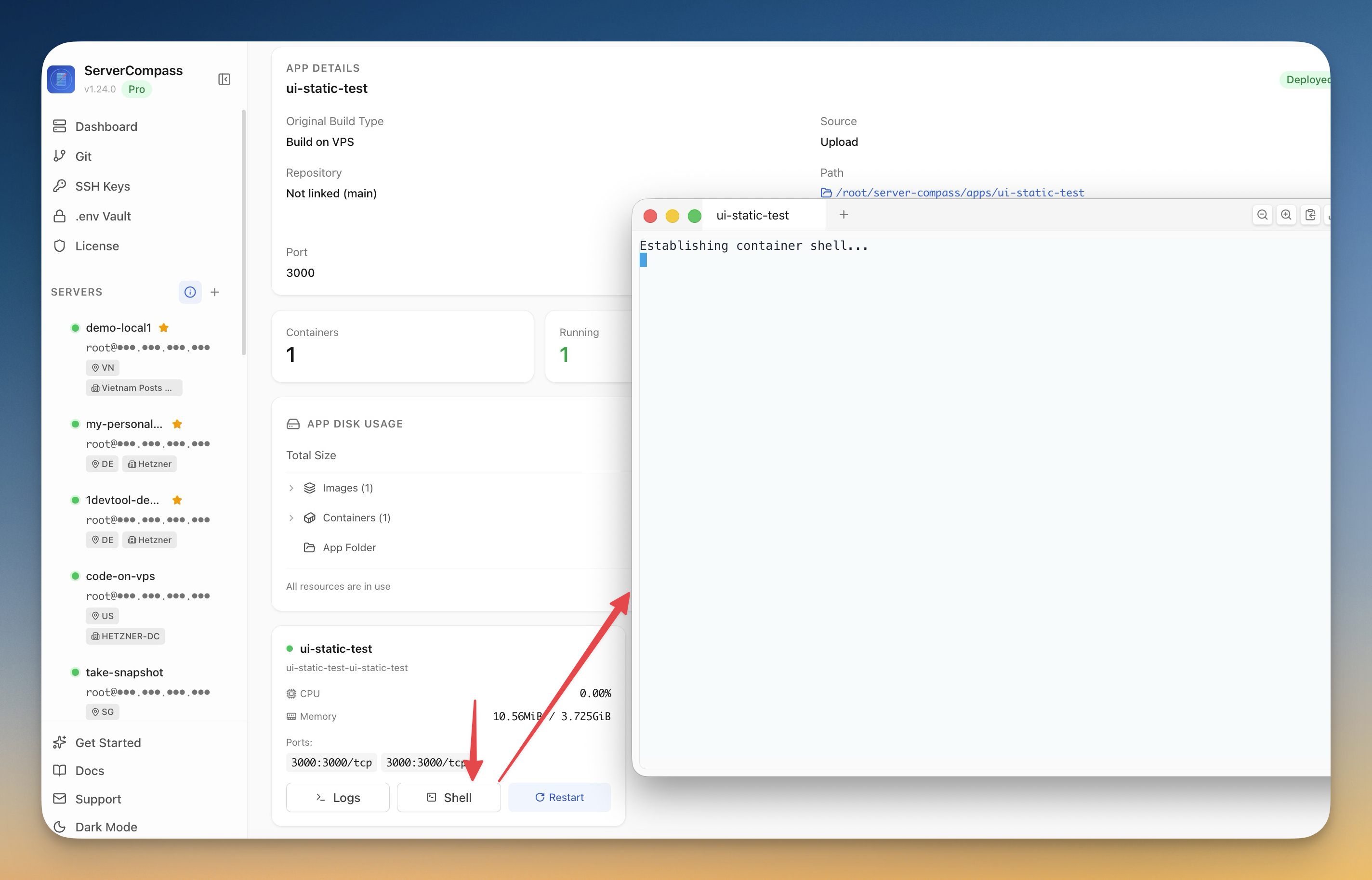Container Shell screenshot in Server Compass