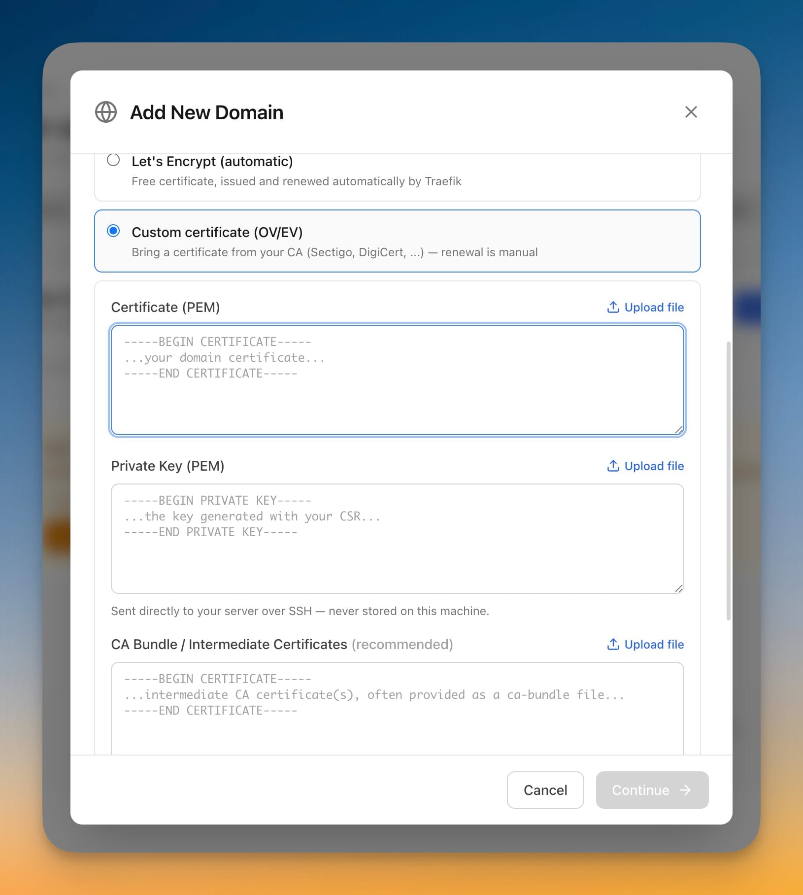 Add New Domain modal with the Custom certificate (OV/EV) option selected, showing Certificate, Private Key, and CA Bundle upload fields
