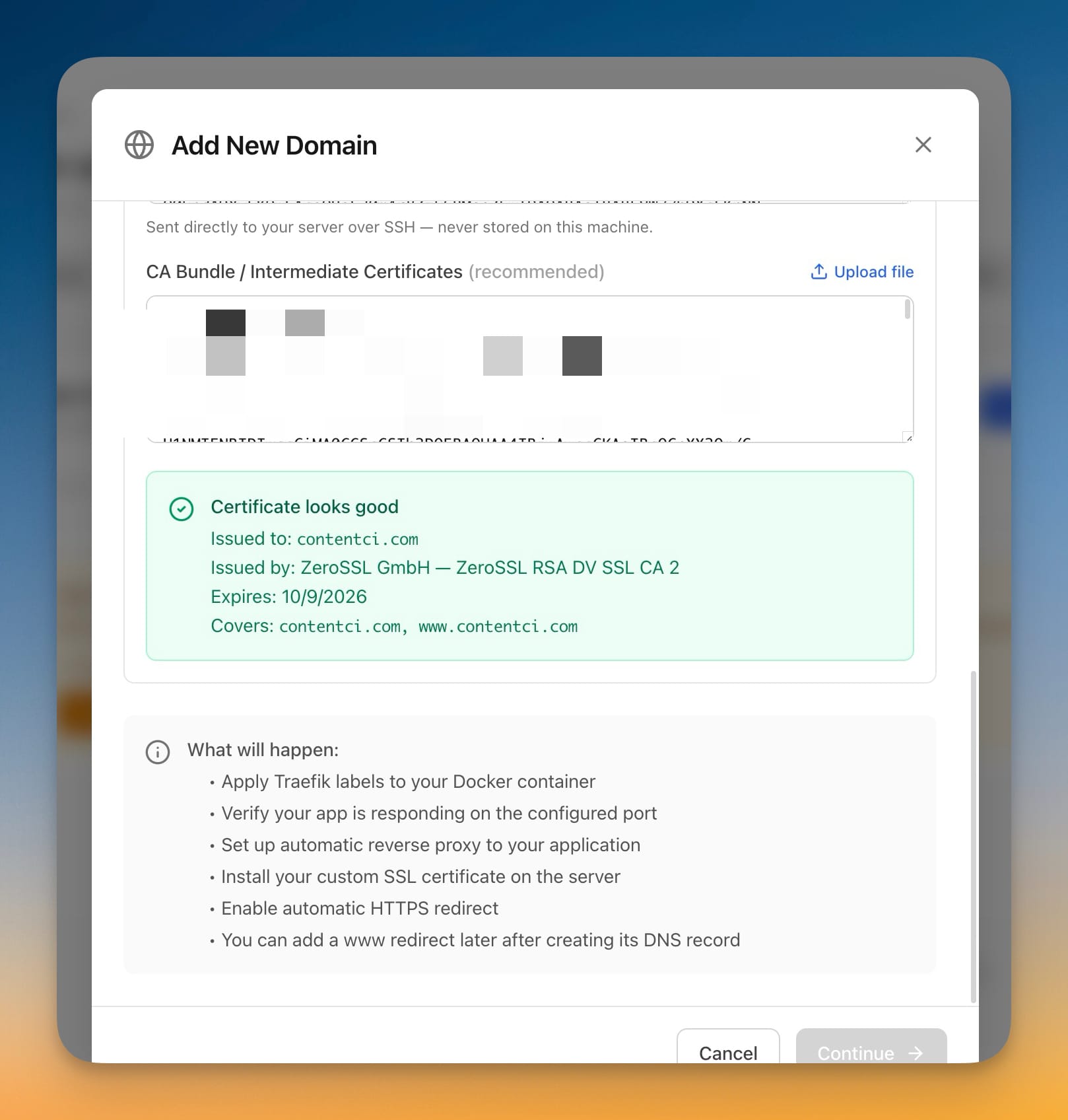 Add New Domain modal showing a green Certificate looks good card listing the issuer, expiry date, and covered domains, above a summary of what happens on submit