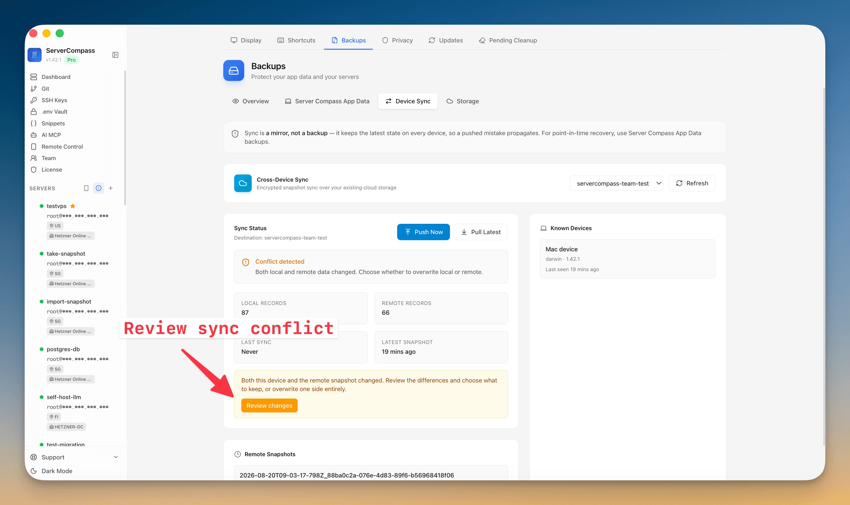 Device Sync tab showing a detected conflict with local and remote record counts and a Review changes button instead of a force-overwrite prompt