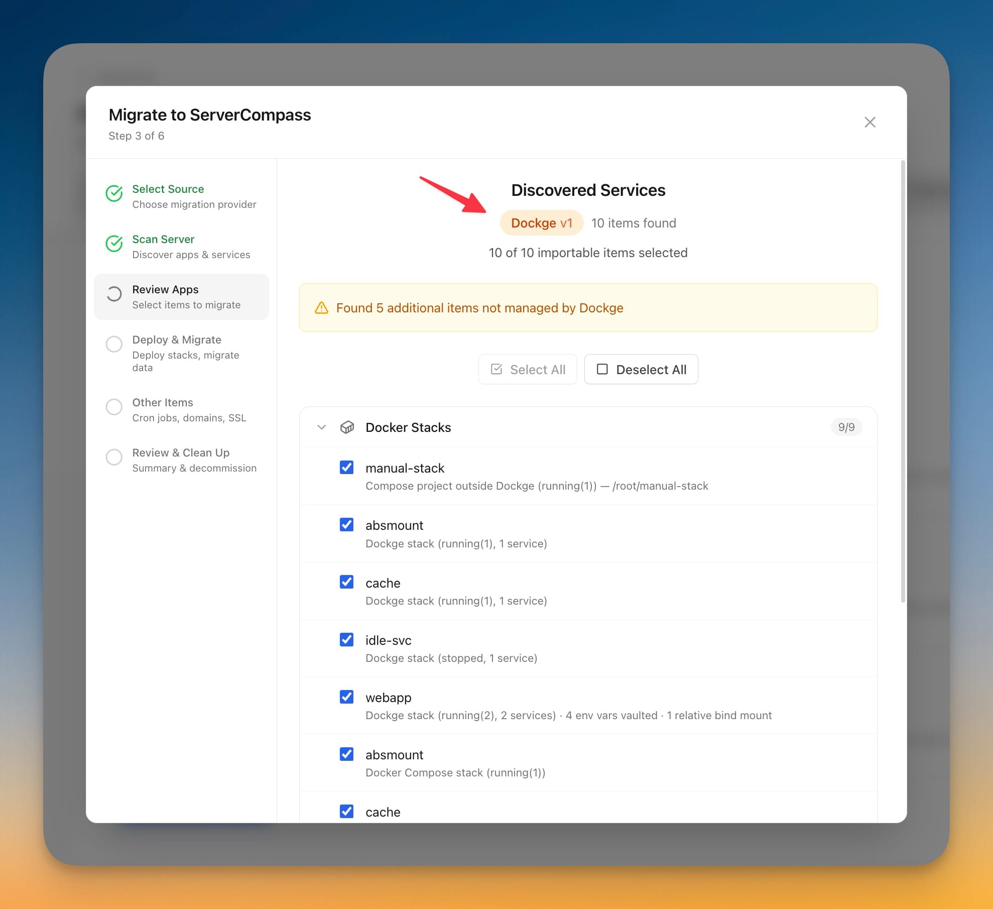 Dockge migration screen listing every stack discovered over SSH, each ready to adopt in place