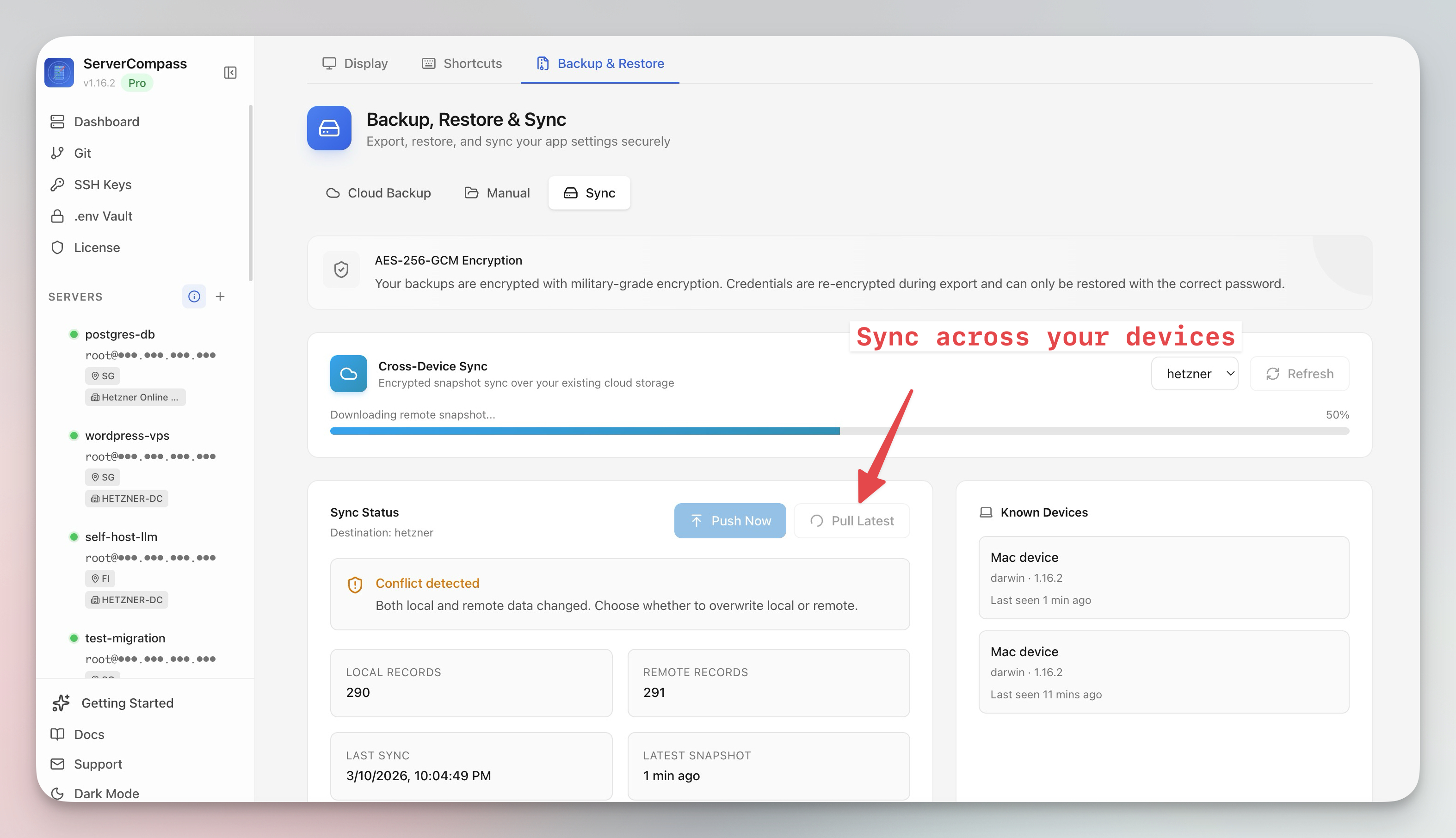 Sync Across Devices screenshot in Server Compass