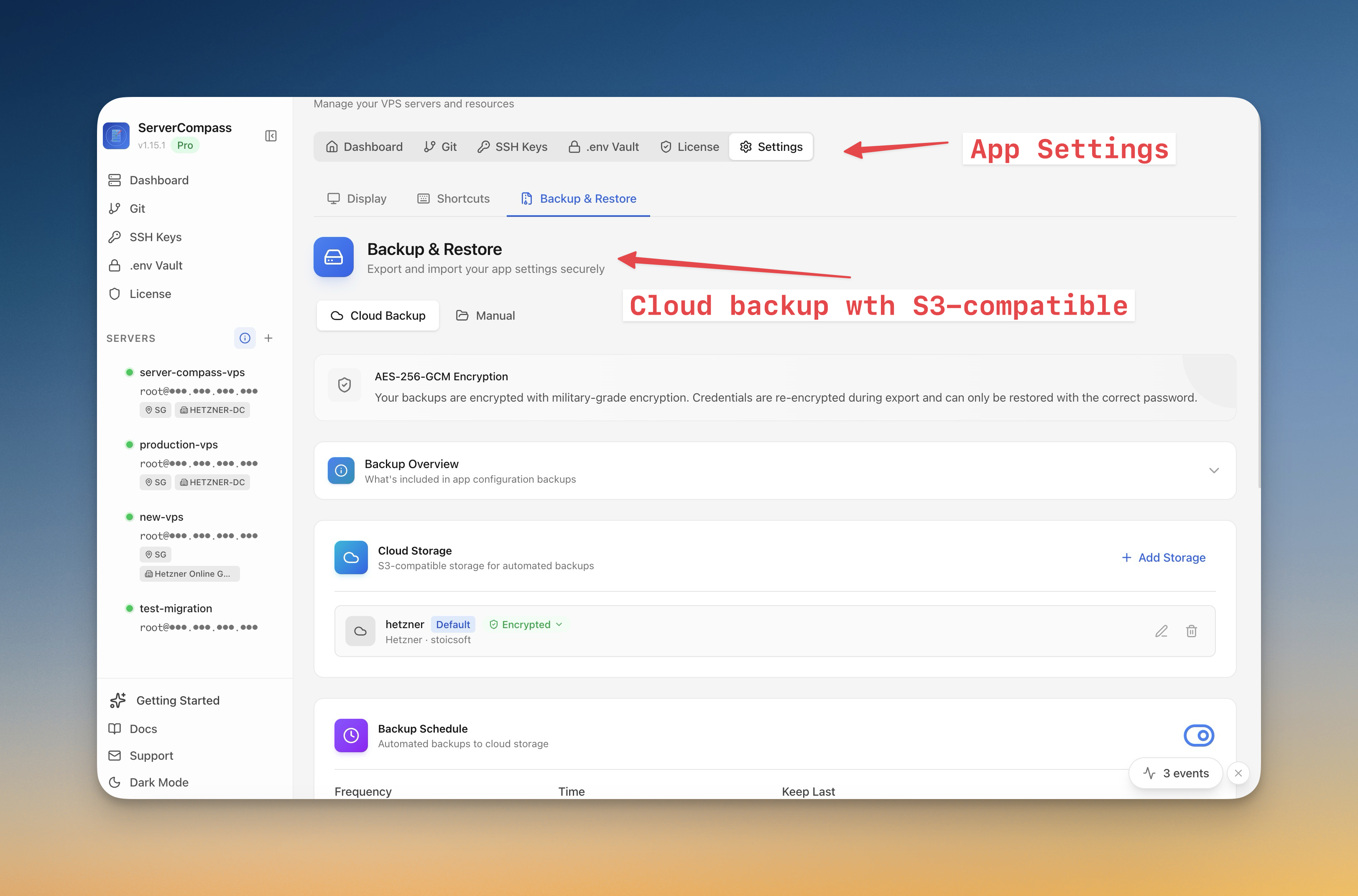Server Backups & Cloud Storage screenshot in Server Compass