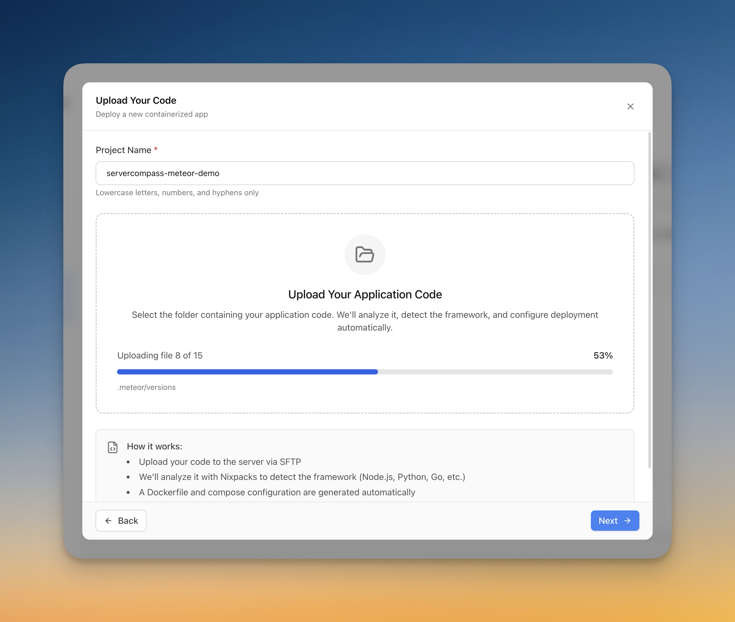 Upload Code to Deploy screenshot in Server Compass