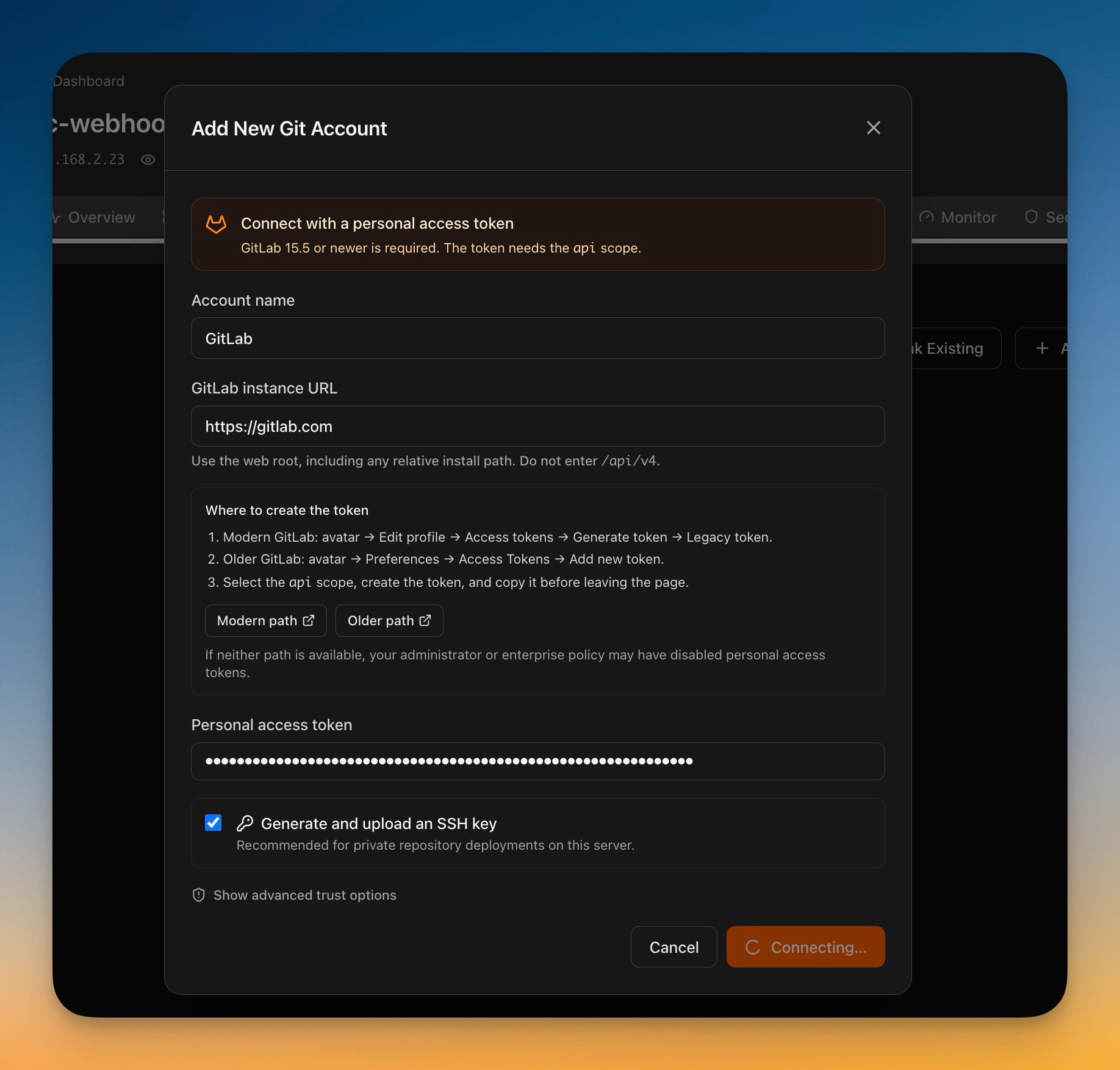 The Add New Git Account dialog connecting GitLab with a personal access token, showing the instance URL field and the where-to-create-the-token instructions