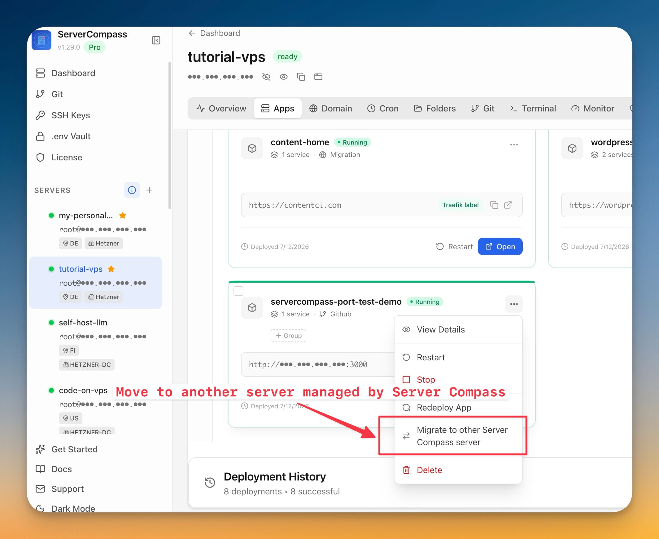 An app's context menu open on the dashboard with Migrate to other Server Compass server highlighted
