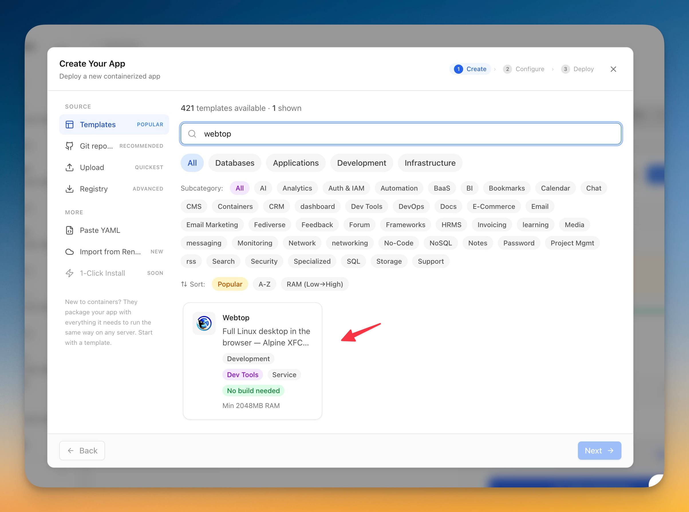 The Create Your App stack wizard with "webtop" searched in the template picker, showing the Webtop template card — a full Linux desktop in the browser on Alpine XFCE, tagged Dev Tools and needing 2 GB of RAM.